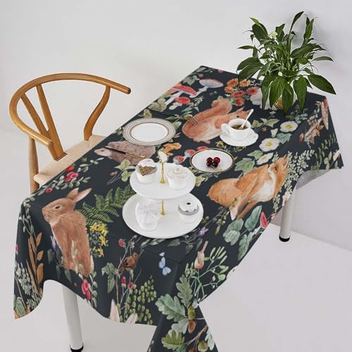Watercolor Forest Tablecloth, Rustic Woodland Animals Squirrel Rabbit Fox Wild Flower Mushroom Leaves Print Table Cloth Cover for Kitchen Dining Indoor Outdoor Decor 60x110in