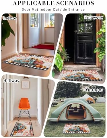 Fall Door Mat Harvest Pumpkin Teal Truck Doormat Sunflower Maple Leaves Wood Plaid Harvest Thanksgiving Welcome Mat Non Slip Entryway Front Rug Floor Mat for Indoor Outdoor Kitchen Autumn 20x32
