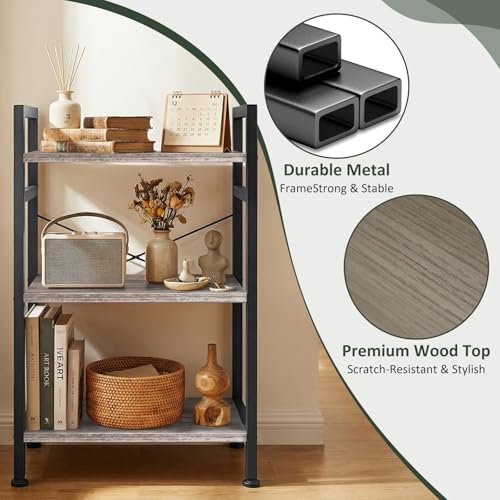 3 Tier Bookshelf, Free Standing Bookcase with Open Storage Shelves