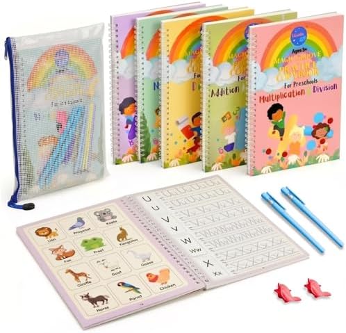 Large Magic Handwriting Practice Copybook, Grooved Handwriting Practice for Kids 3-8, Toddler Writing Practice, Math Calligraphy, Letter Tracing, for Preschool, The Beginner Kit