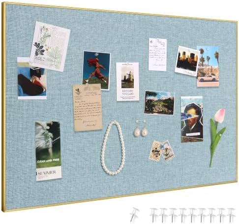 SELEAD Linen Bulletin Board 30” x 20” - Golden Aluminum Frame, Teal Fabric