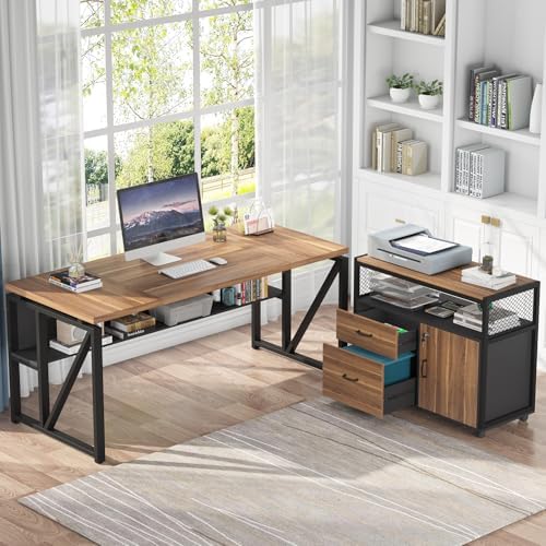 Tribesigns 63" Executive with Drawer Cabinet, L Shaped Desk and Lock lateral File Cabinet, 2 Piece Home Office Furniture Set with Drawers for Hanging File, (Brown, 63 inches)
