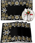 Gold White Snowflakes Chriatmas Placemats Set of 6, Winter Xmas Holiday Heat Resistant Washable Table Place Mats Black Cotton Table Linens Party Holiday Decor for Kitchen Dining Outdoor Indoor