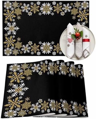 Gold White Snowflakes Chriatmas Placemats Set of 6, Winter Xmas Holiday Heat Resistant Washable Table Place Mats Black Cotton Table Linens Party Holiday Decor for Kitchen Dining Outdoor Indoor