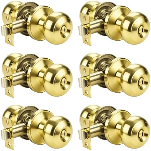 KNOBWELL 6 Pack Privacy Door Knob for Bathroom or Bedroom Door Knobs, Round Interior Door Knobs, Indoor Door Knob, Keyless Door Knob with Lock, Door Handle Lock, Polished Brass