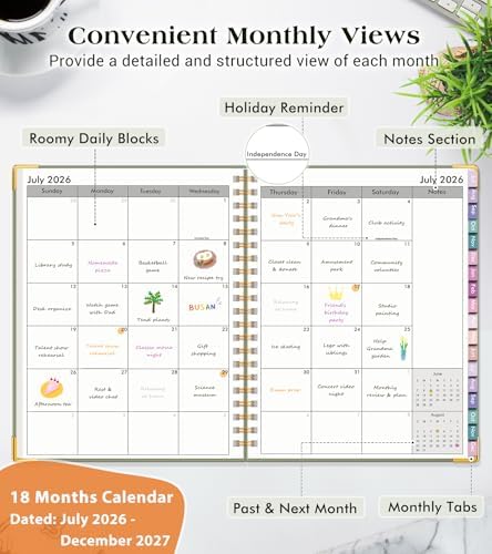 Academic Planner 2026-2027, 18 Months Weekly and Monthly Hardcover Planner, July 2026 - December 2027, 8.5" x 11" A4 Large Daily Calendar Planner Book with Tabs, Spiral College School Agenda Organizer for Student Teacher, Green