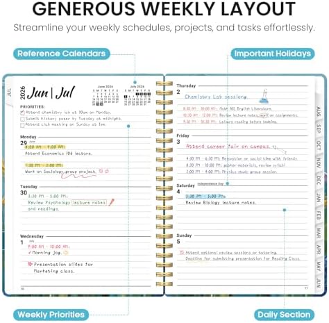 Planner 2026-2027, Jul 2026-Jun 2027 Academic Monthly & Weekly Planner | 6.3" x 8.5" Hardcover Calendar Planner for Women, Spiral Organizer with tabs, School Office Home Supplies, Azure Wildflowers