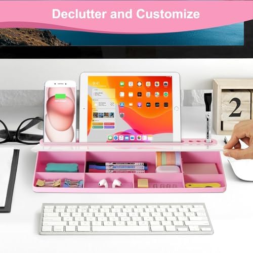 Desktop Glass Whiteboard with Storage, Desk Dry Erase White Board Pink