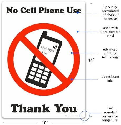 Brimar No Cell Phone Use Thank You Sign 10"x14" Peel and Stick Vinyl Label