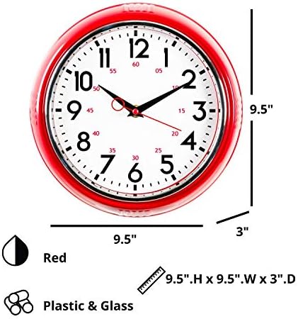 Kiera Grace Wall Clock, 9.5 Inch, Retro Red ClassicWall Clocks Battery Operated, Vintage Silent Non Ticking Home Decor for Living Room, Kitchen, Bathroom