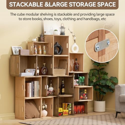 KIRIGEN Stackable Wood Storage Cube with Handles, Open Cubby Bin, Natural