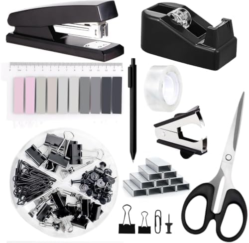 Office Supplies,Black Desk Accessories,Stapler and Tape Dispenser Set for Women with Stapler,Tape Dispenser,Staple Remover,Staples,Clips,Scissors and Tabs,Gift for Students,Coworkers,Teacher,Business