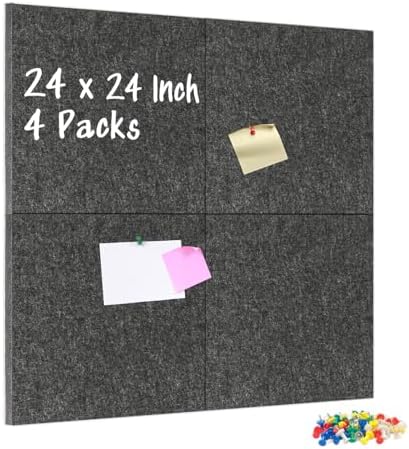 DOLLAR BOSS Felt Cork Board Tiles, 4 Packs 12" x 12" 1/2" Thick Cork Bulletin Board Self Adhesive Acoustic Panels Soundproof Corkboards for Walls with 40 Pushpins for Home Office Kitchen School, Grey