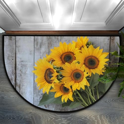 Vintage Sunflower Wood Half Round Door Mat Non Slip Washable Semi Circle Area Rug Absorbent Soft Half Moon Rug Floor Mat for Indoor Outdoor Kitchen Bathroom Patio Front Door Mat Decor