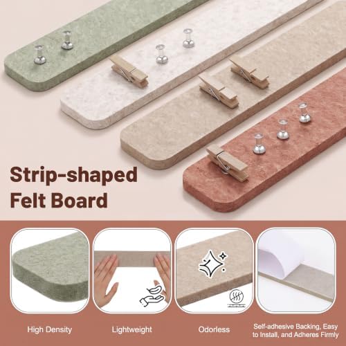 Thboxes 8 Pack Felt Bulletin Board Strips, 13x2 Inch Self Adhesive Felt Pin Boards with 50 Pushpins and 10 Wooden Clips Push Pins, Cork Board for Walls Home Office Decor(Vintage Neutral)