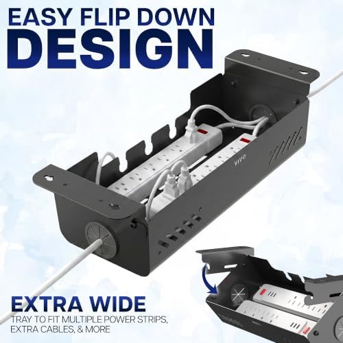 VIVO 19 inch Screw-On Under Desk Cable Management Box with Flip-Open Lid, Easy-to-Open Steel Cord and Power Strip Organizer, Cable Organizer Tray, 11lbs Capacity, Black, DESK-ACMB20-S