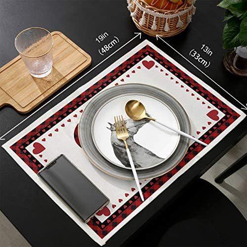 Valentines Day Placemats Set of 4, Red and Black Buffalo Check Plaid Love Cotton Line Fabric Heat Resistant Table Mats Non-Slip Washable Mats Decoration for Home Kitchen Dining Wedding Holiday Party