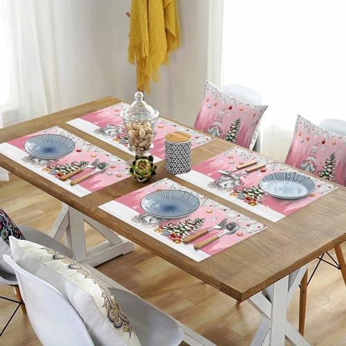 Christmas Gnome Placemats Set of 4, Winter Merry Christmas Tree Balls Heat Resistant Washable Table Place Mats Pink Cotton Table Linens Party Holiday Decor for Kitchen Dining Outdoor Indoor