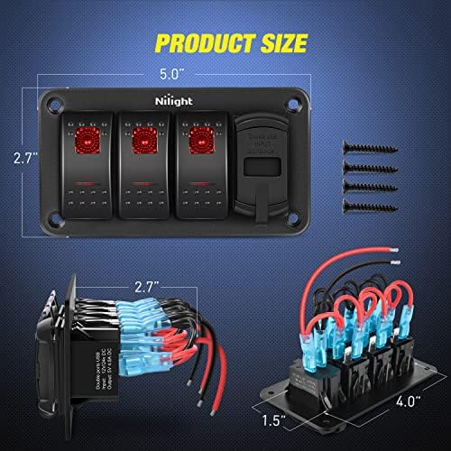 Nilight 3 Gang Rocker Switch Panel Green Backlit with 4.8 Amp Dual USB Charger Voltmeter Waterproof 12V 24V DC Night Glow Stickers for Cars Trucks Boats RVs
