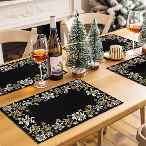 Gold White Snowflakes Chriatmas Placemats Set of 6, Winter Xmas Holiday Heat Resistant Washable Table Place Mats Black Cotton Table Linens Party Holiday Decor for Kitchen Dining Outdoor Indoor