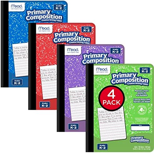 Mead Primary Composition Book, 4 Pack, Primary Ruled Journal, Grades K-2, 7-1/2" x 9-3/4", 100 Sheets per Comp Book, Assorted Colors (610053-ECM)