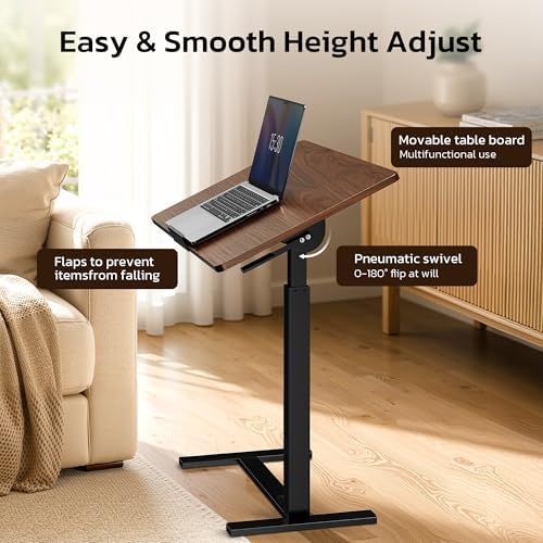 Mobile Standing Desk Adjustable Overbed Table, Pneumatic Height Adjustable Rolling Laptop Desk with Hidden Wheels, 0-180°Tilt Top Rolling Computer Cart Foldable for Home Office, Craft & Study, Brown