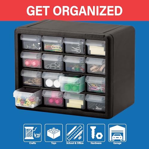 Akro-Mils 16-Drawer Plastic Storage Cabinet, 10.5"W x 6.5"D x 8.5"H, Black