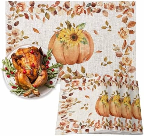 Boho Fall Placemats Set of 4, Thanksgiving Watercolor Pumpkins Heat Resistant Washable Table Place Mats Sunflowers Eucalyptus Table Linens Party Holiday Decor for Home Kitchen Dining Outdoor Indoor,
