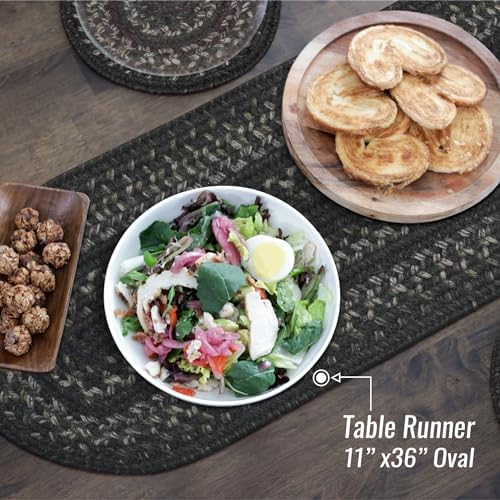 Homespice Jet Black Braided Table Runner for Primitive Decor, Oval 11x36