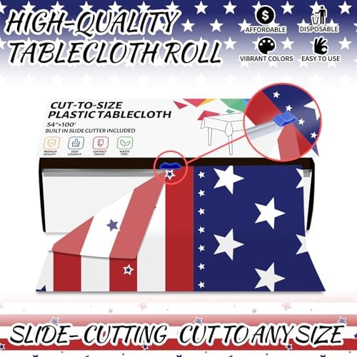 CXPSINC 54 Inch X 300 Feet 4th of July Patriotic Plastic Table Cover Roll Disposable American Flag Tablecloth with Slide Cutter for Veterans Day, Patriotic, Memorial, Fourth of July, Independence