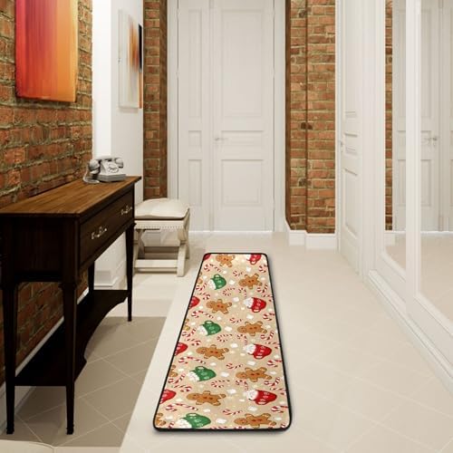 Christmas Gingerbread Man Kitchen Runner Rug 2x6 Ft Winter Cane Candy Kitchen Runner Mat Brown Area Rug Non Slip Washable Floor Carpet for Bathroom Living Room Bedroom Laundry Home Decor