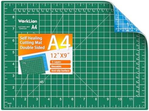 WORKLION Self Healing Cutting Mat: 12''x9'' Double Sided Craft Cutting Mat for Sewing, Fabric, Quilting - 5-Ply Slip-Resistant Hobby Cutting Board for DIY Projects (Green/Blue)