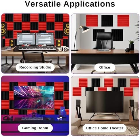 52 Pack Acoustic Foam Panels,1" x 12" x 12" Acoustic Wedge Studio Foam Sound Absorption Wall Panels (BLACK/RED)
