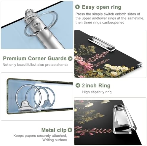 Rouidr 3 Ring Binder, 2 Inch Round Ring Binder Organizer with Clipboard, 5 Dividers Tabs, A4 8.5 x 11 Inch Paper & Clear Sleeves for School, Office Supplies
