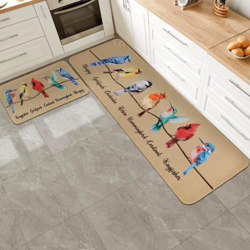 Percozzi Bird Kitchen mats Set of 2, Robin Cadinal Door mat Indoor Outdoor Rug, Hummingbirds Cardinal Kitchen Floor Mat Decor 17x29 and 17x47 Inch