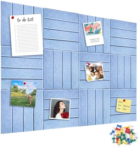 12 Packs Light Blue Felt Pin Board, Large 12" Bulletin Board with 30 Push Pins, Felt Board Slat Wall Paneling for Office Home Kitchen, Self-Adhesive Corkboard Tiles for Classroom Message Photos Memos
