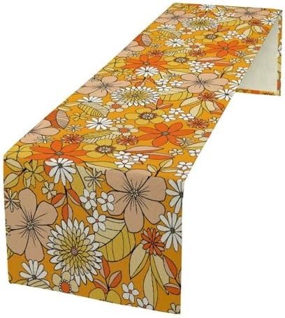 Floral Table Runner Retro 70s Hippie Daisy Flower Peace Love Birthday Party Retro Kitchen Dinning Home Decoration 13x70 Inch