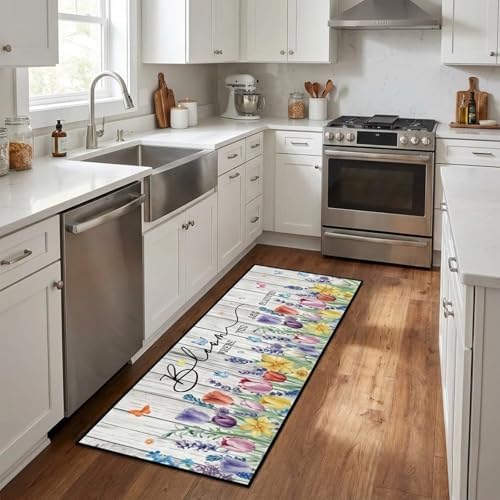Hello Spring Kitchen Rugs, Tulip Lavender Floral Kitchen Mats
