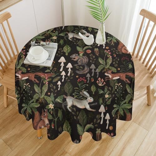 Cartoon Woodland Tablecloth, Watercolor Rustic Forest Wild Animals Bunny Rabbit Squirrel Mushroom Plants Print Table Cloth for Indoor Outdoor Dining Table Party Picnic Decor, 60x60in