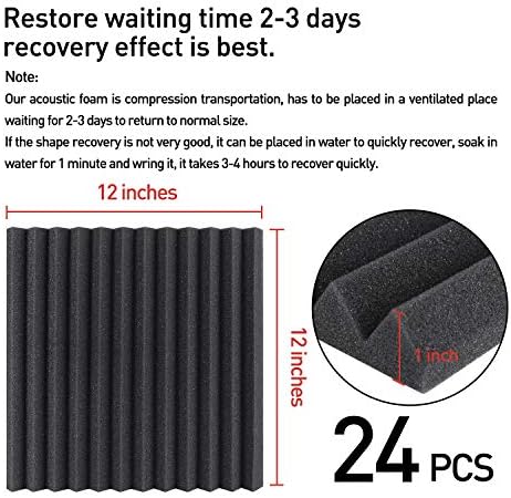 Focusound 24 Pack Acoustic Foam Panels 1" x 12" x 12" Sound Proof Foam Panles Soundproofing Noise Cancelling Wedge Panels for Home Office Recoding Studio with 240PCS Double-Side Adhesive