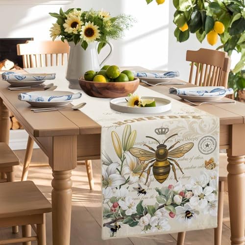 Bee Table Runner Dresser Scarf 13 x 60 Inch Farmhouses Honeybee White Floral Plants Retro Beige Table Runners Non-Slip Heat Resistant Kitchen Dining Table Decor for Home Holidays Indoor Outdoor