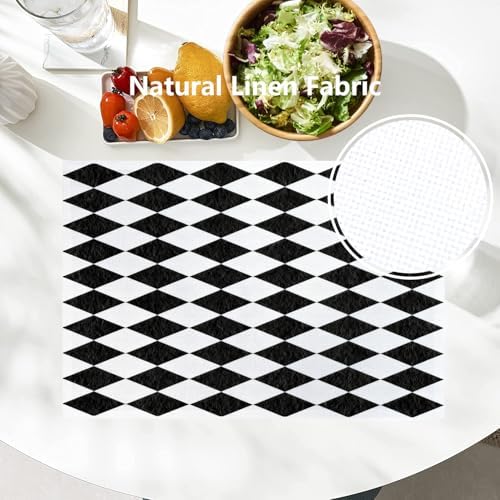 Batmerry Black White Diamond Placemats, Abstract Black and White Harlequin Washable Linen Table Mats for Kitchen Table Double Insulation Decor Dining Set Indoor Outdoor 12X18 in Set of 6