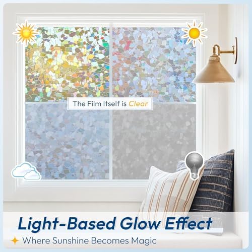 rabbitgoo Rainbow Window Privacy Film Decorative Stained Glass Diamond Pattern Window Sticker with Iridescent Tint Non-Adhesive Static Cling for Home Office Crystal Pattern, 17.5 x78.7 inch