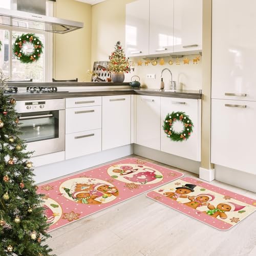 JarThenaAMCS Christmas Kitchen Mats Set of 2 Pink Gingerbread Man Non-Slip Floor Mat Xmas Decorative Rugs for Bathroom Kitchen, 17 x 29 Inch & 17 x 47 Inch