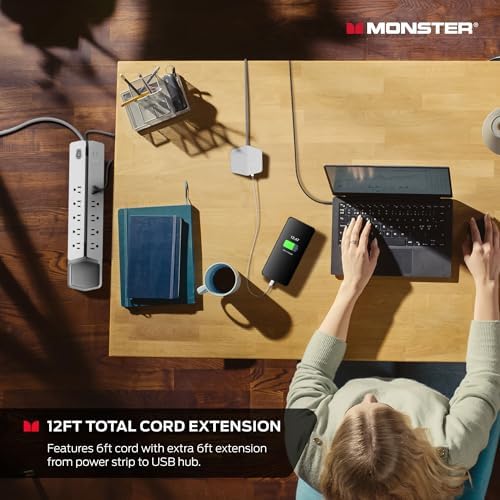 Monster Power Center Vertex XL Surge Protector with Detachable USB Power Strip with 10 AC Outlets, 2 USB-A Ports & 1 USB-C Port (20W)