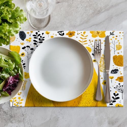 Batmerry Cute The Bear in Mineral Yellow Placemats, Floral Background Washable Linen Table Mats for Kitchen Table Double Insulation Decor Dining Set Indoor Outdoor 12X18 in Set of 8