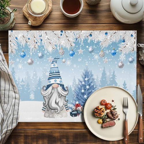 Christmas Gnome Placemats Set of 4, Winter Merry Christmas Tree Balls Heat Resistant Washable Table Place Mats Blue Cotton Table Linens Party Holiday Decor for Kitchen Dining Outdoor Indoor