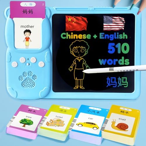 Writing Tablet with Bilingual Flash Cards for Kids, Chinese Blue