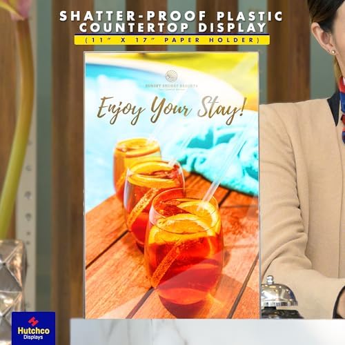 Paper Sign Holder (11 x 17 Inches) Plastic Countertop Display w/Shatterproof (No Acrylic) Clear Design & Cardboard Easel Back Tabletop Slant Support for Stackable Lightweight Portable by Hutchco