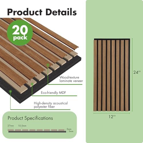 Art3d 20-Pack 12" x 24" Soundproof Wood Slat Panels, 40 sq.ft Acoustic Wall Panels, 3D Wall Panels with Wood Slat Design, Decorative Wood Wall Panel for Accent Walls-Deep Walnut